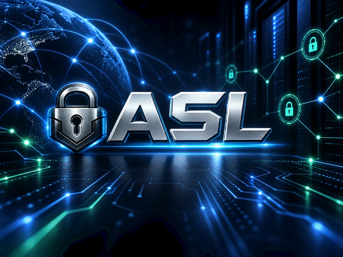 The original ASL splash artwork with metallic ASL lettering, a globe, servers, and illuminated network graphics