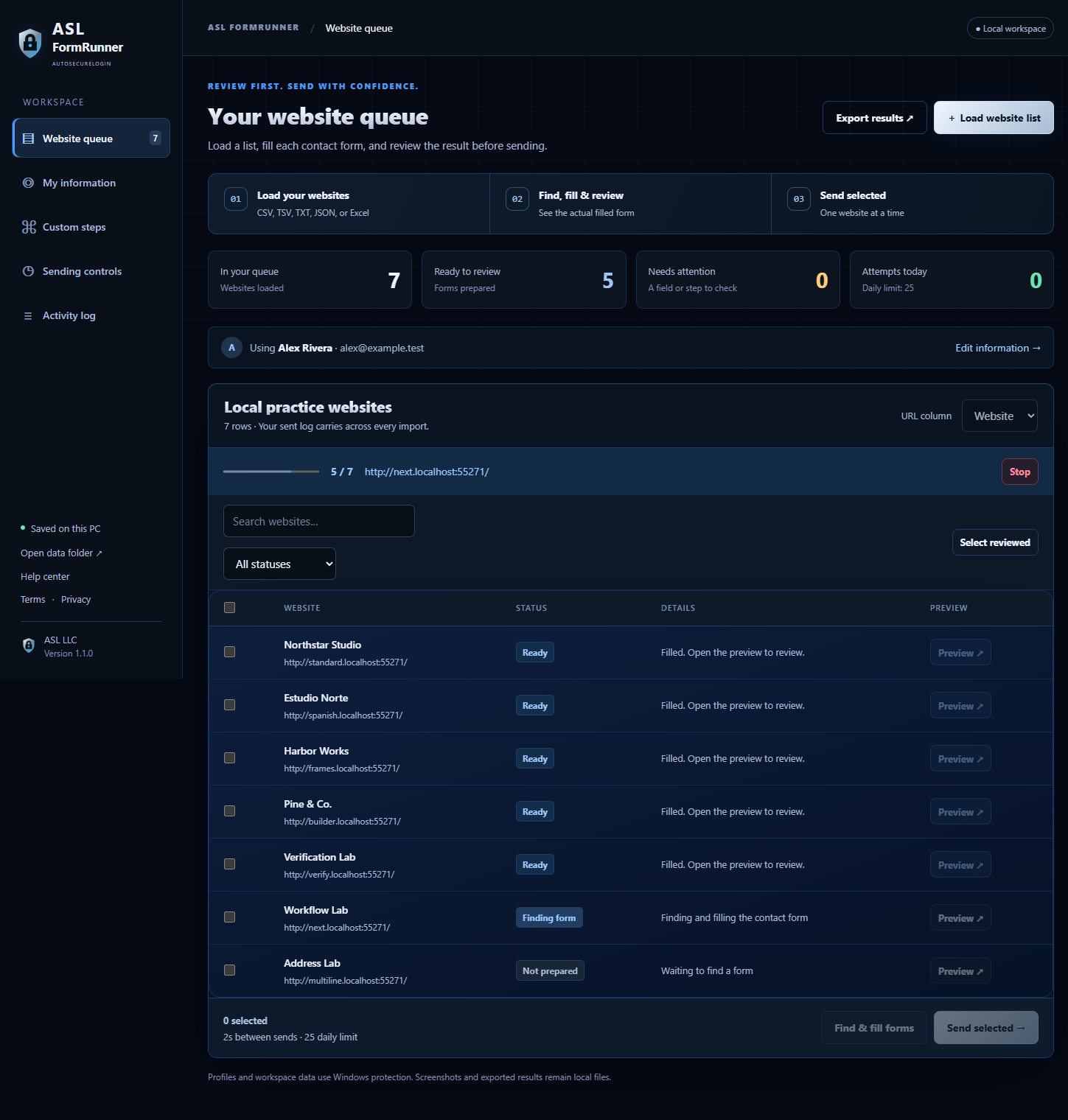 ASL FormRunner 1.1.0 website queue showing prepared local practice forms and individual review buttons